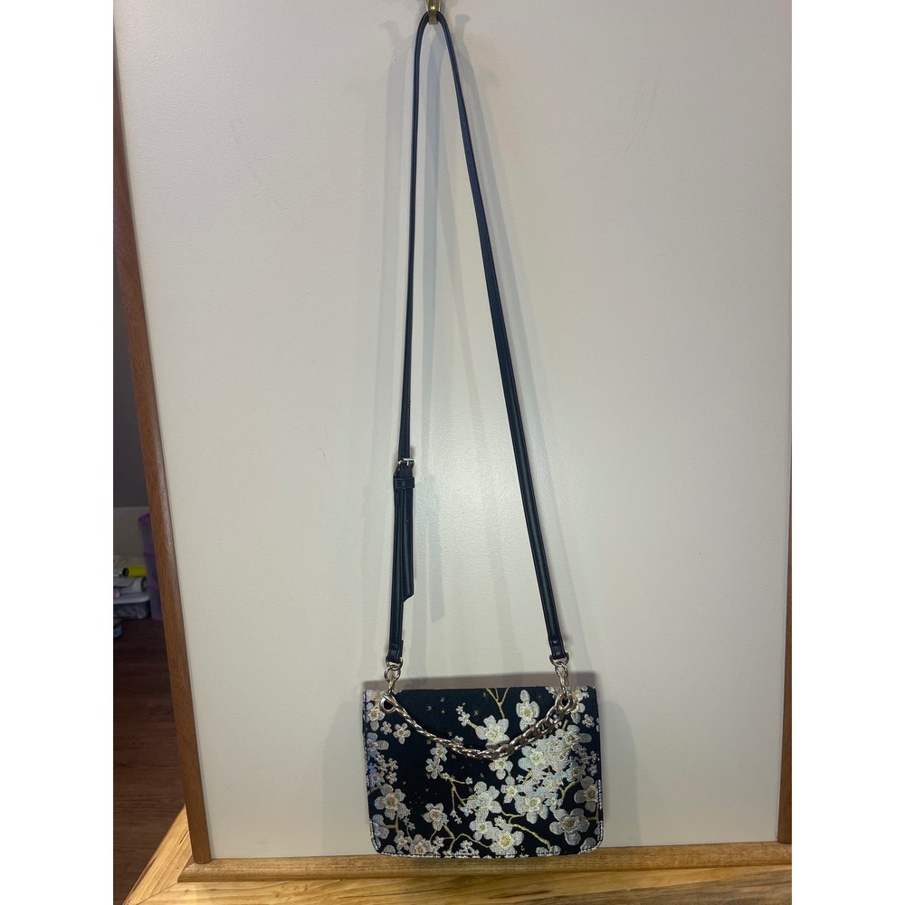 Nine West Black Floral Jacquard Metallic Crossbody Bag Gold Chain Strap